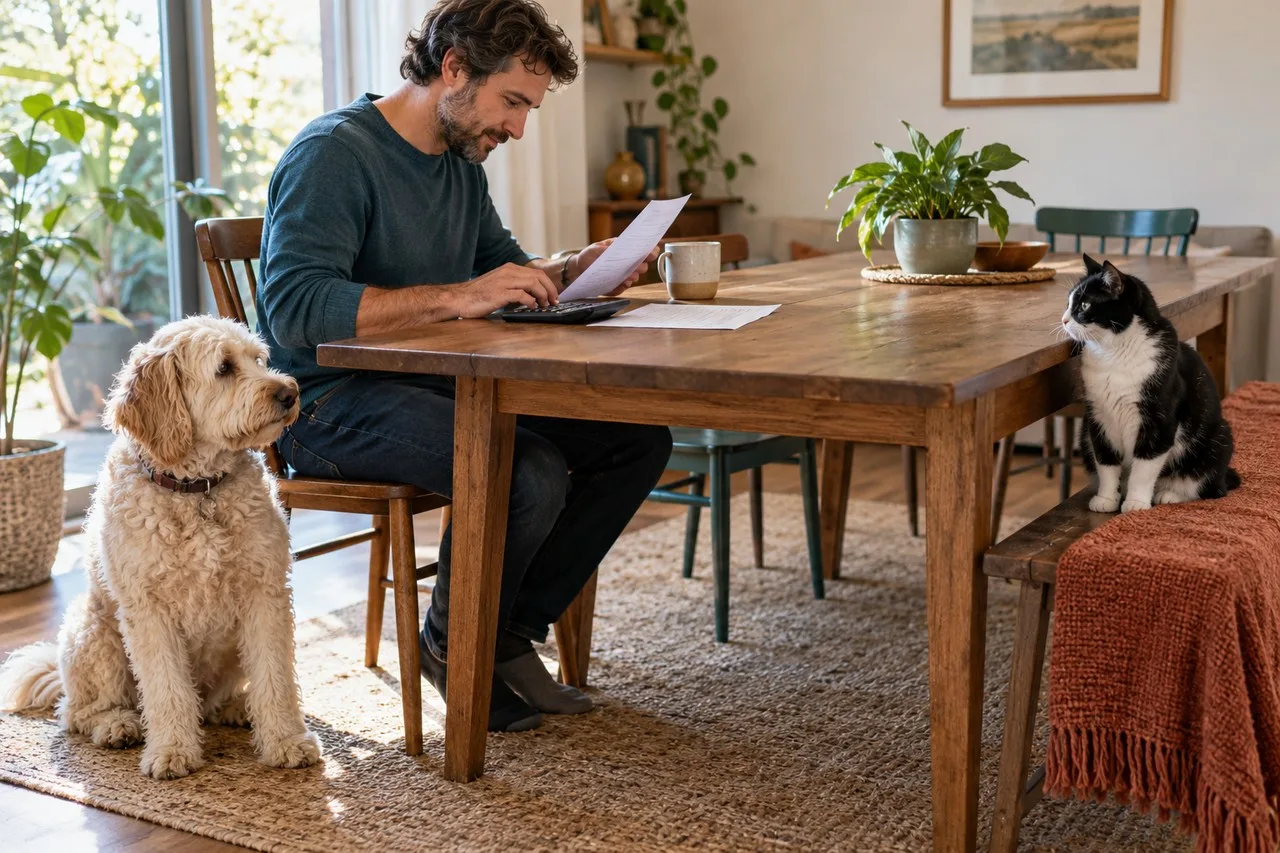 Owner reviewing papers at a dining table with a dog and a cat nearby